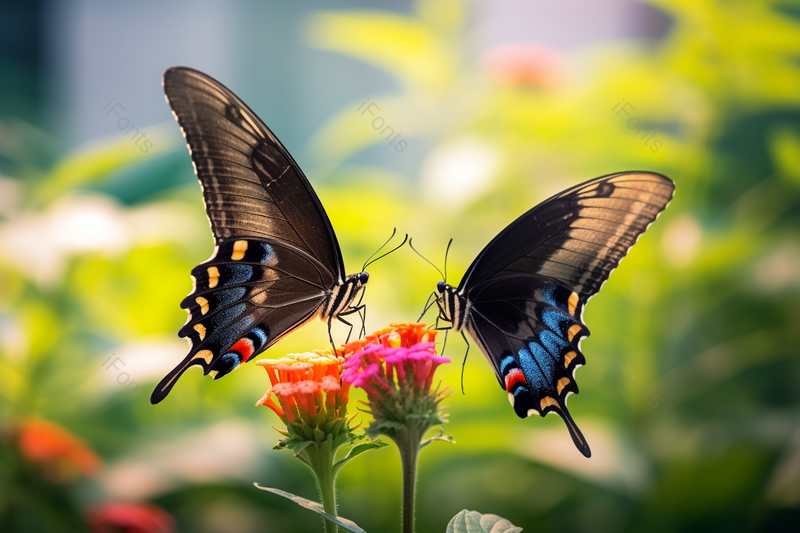 花朵上的两只蝴蝶正侧面摄影特写,高清,摄影图,摄影图片,图片大全,摄影图免费下载